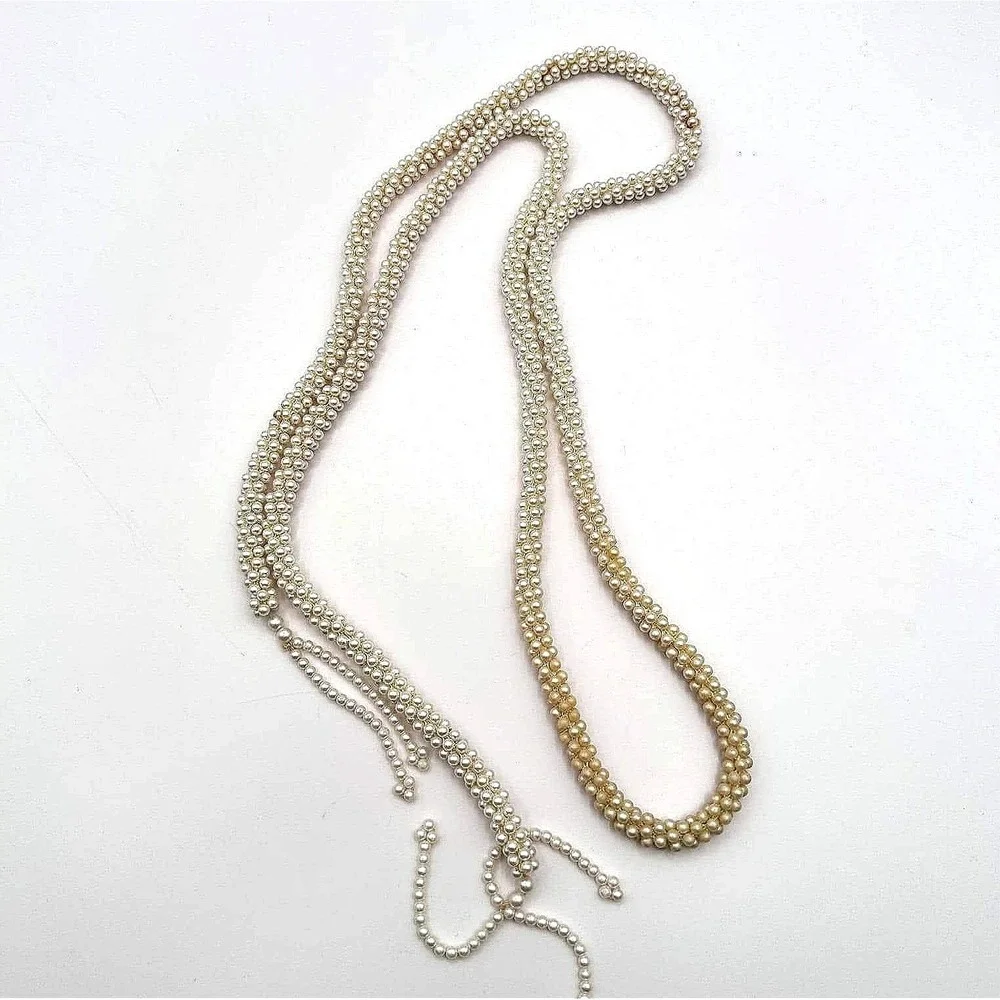 Vintage 90s Faux Pearl Cream White‎ Beaded Braided Tassel Necklace Statement Y2K